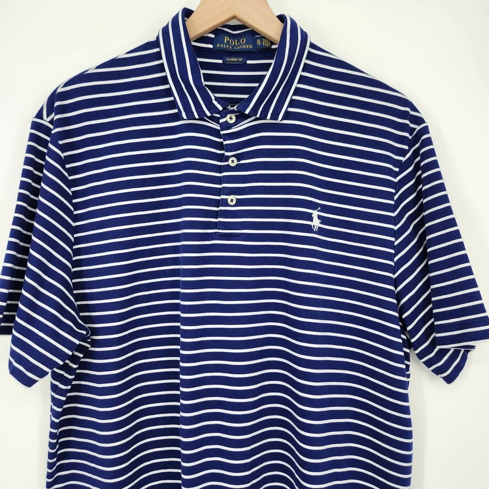 Polo Ralph Lauren Navy Striped Polo Shirt Mens XL Cotton Nantucket Prep Pony